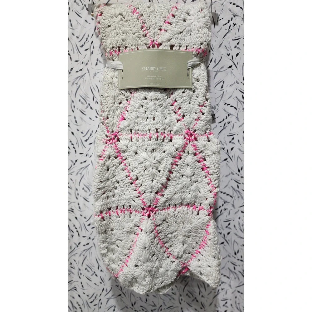 Shabby Chic Heavy Chunky Knit Throw Blanket 50x60 Cream Neon Pink Geometric New